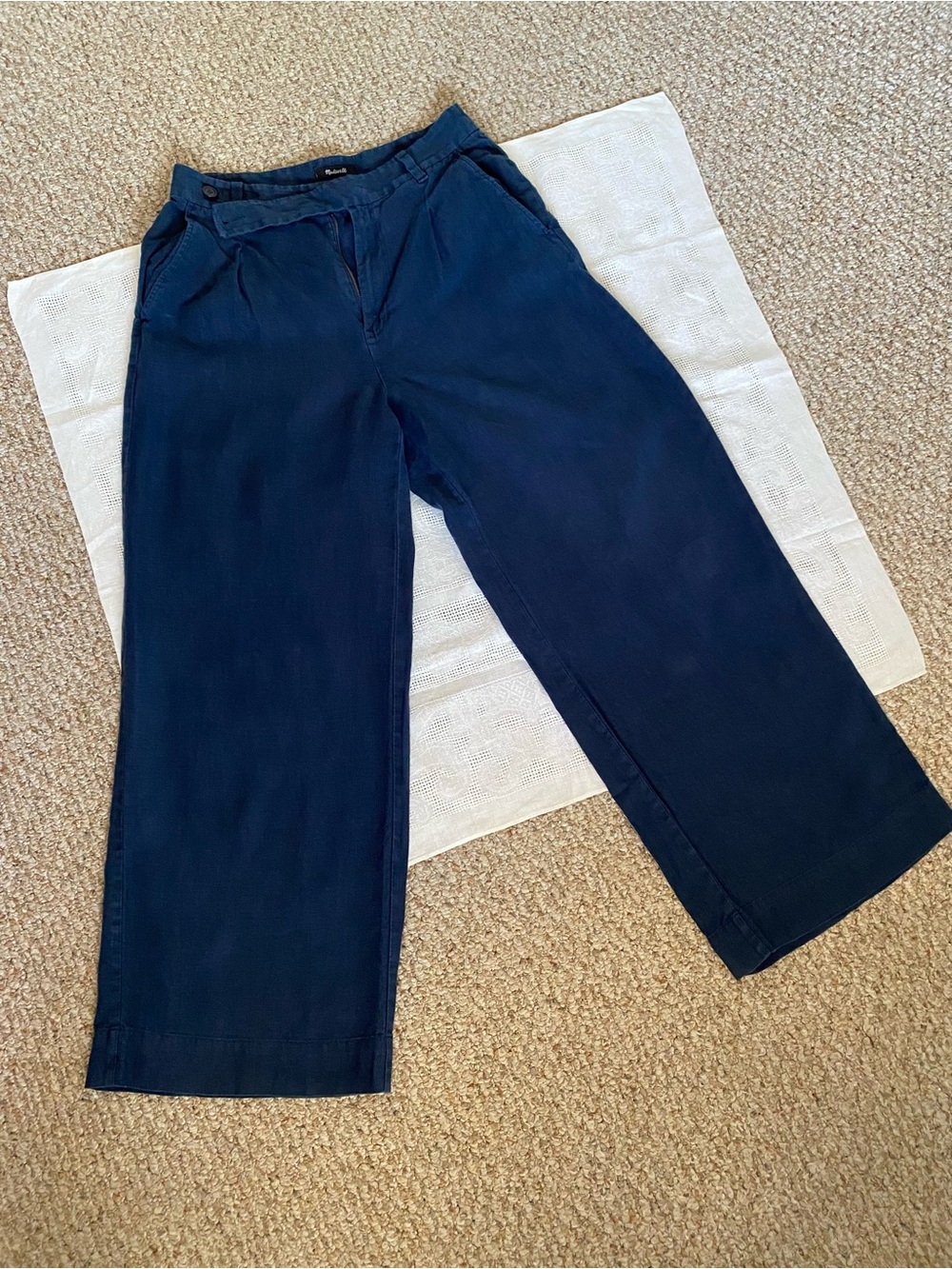 Madewell Navy Blue 100% Linen Pleated High Waisted Wide Leg Size 8
